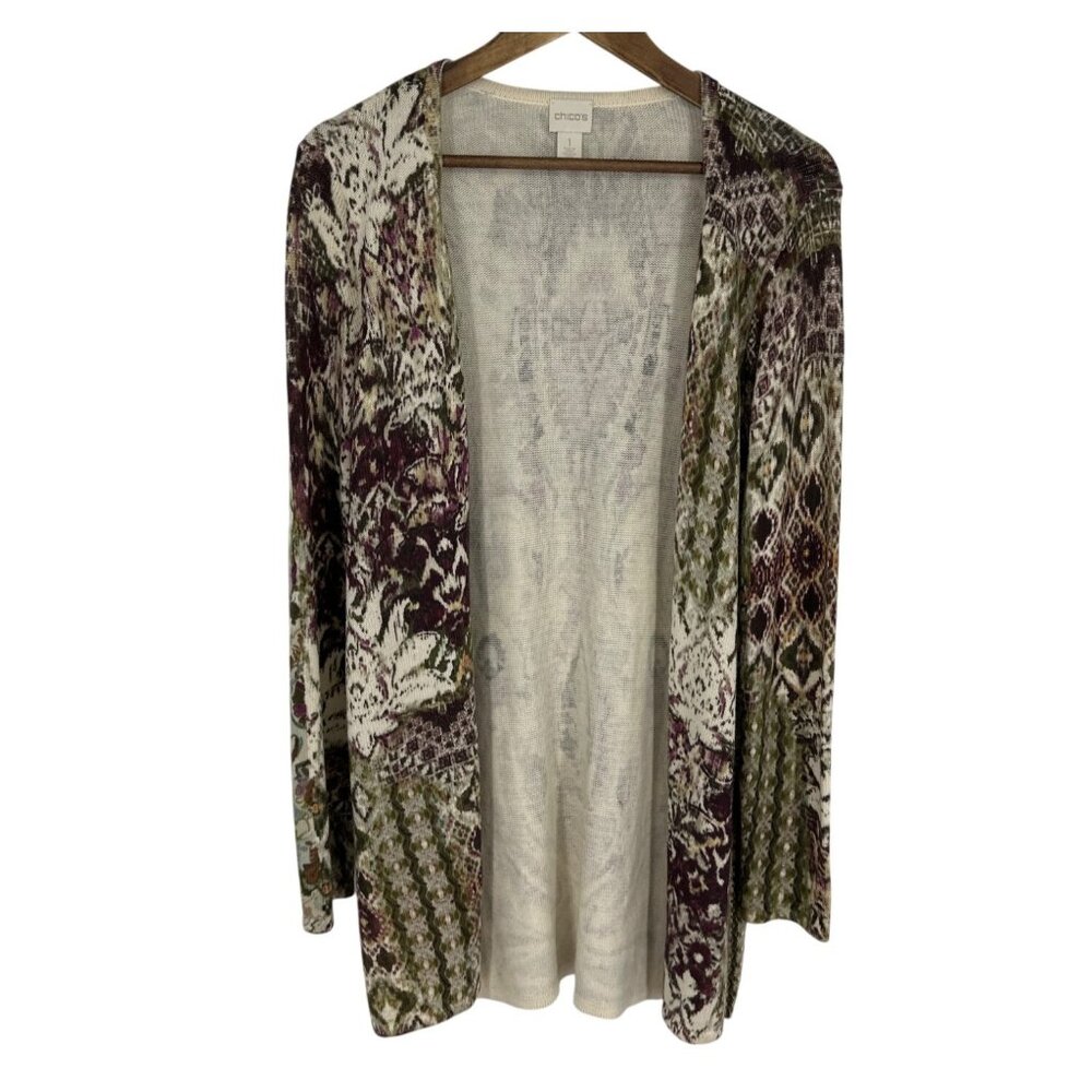 Chicos Open Front Long Sleeve Lightweight Knit Cardigan Women's Size 1 US M